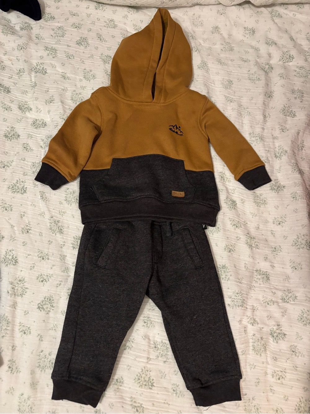 Toddler Hooded Two-Tone Sweatshirt & Jogger Set - Mustard and Charcoal